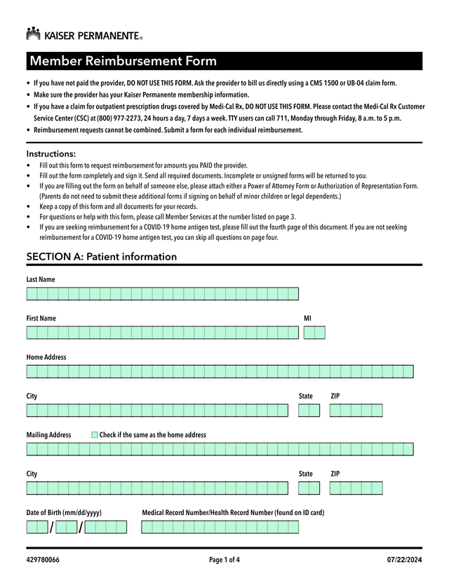 Member Reimbursement Form screenshot