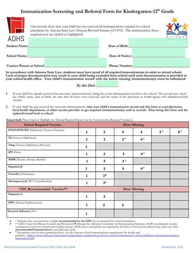 Immunization Screening And Referral Form For Kindergarten 12th Grade screenshot