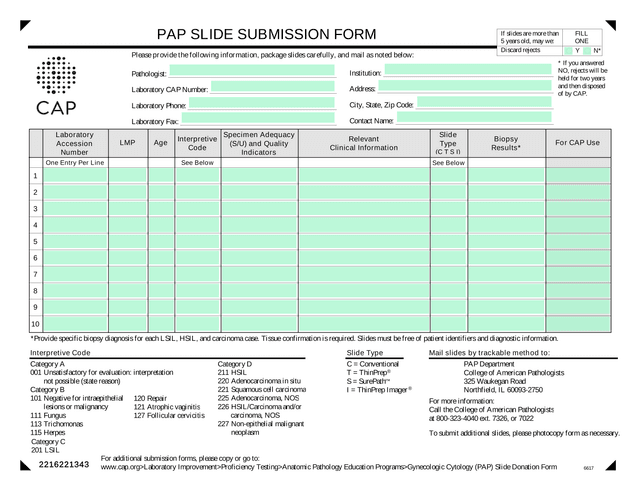PAP SLIDE SUBMISSION FORM screenshot