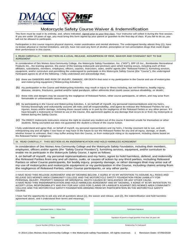 Motorcycle Safety Course Waiver  Indemnification screenshot