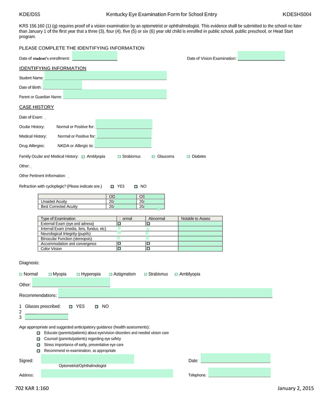 Kentucky Eye Examination Form For School Entry screenshot