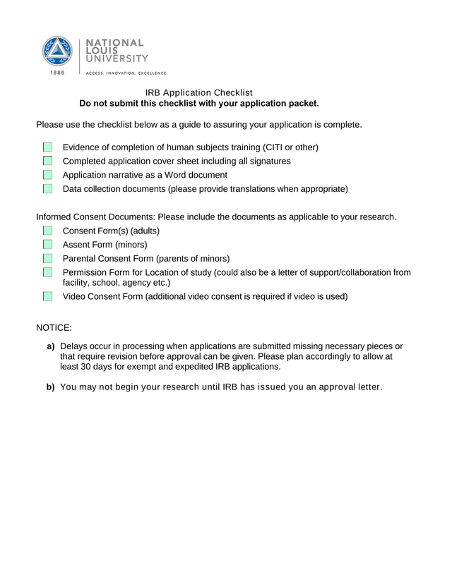 IRB Application Checklist screenshot