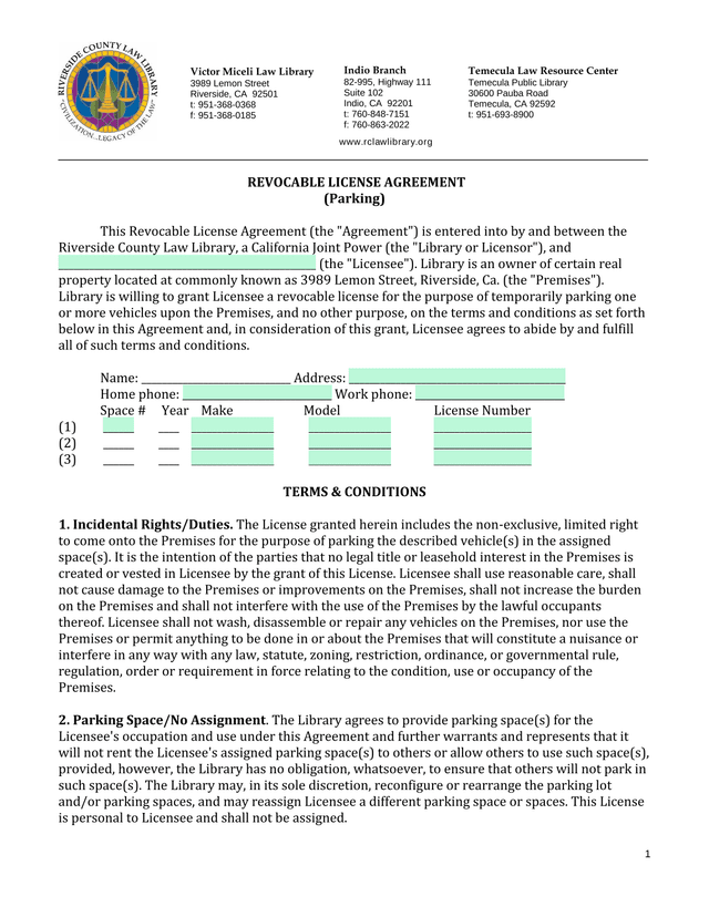 Revocable License Agreement (Parking) screenshot