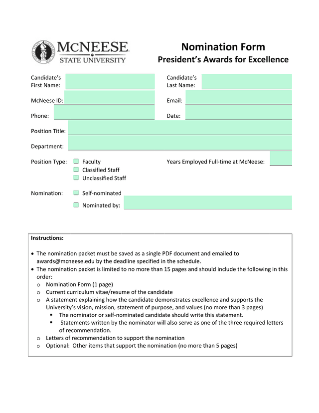 Nomination Form PresidentS Awards For Excellence screenshot