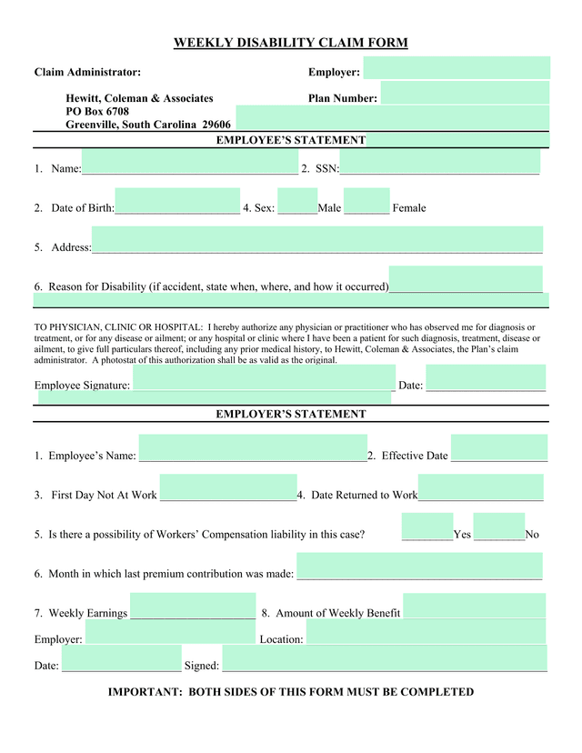Weekly Disability Claim Form screenshot