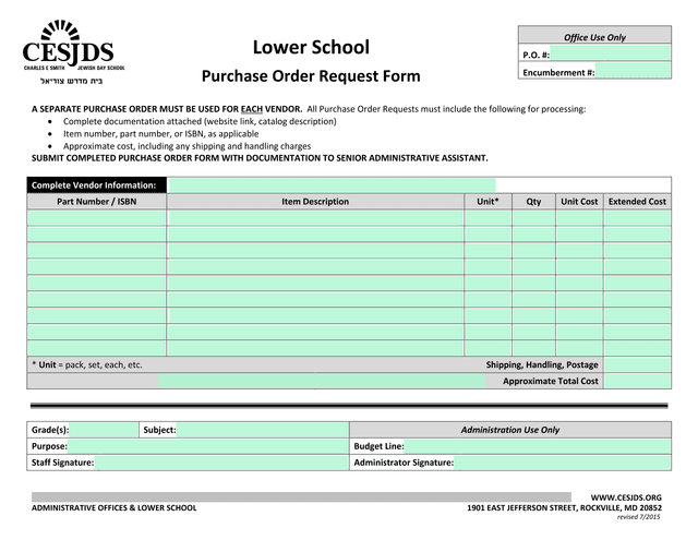 Lower School Purchase Order Request Form screenshot