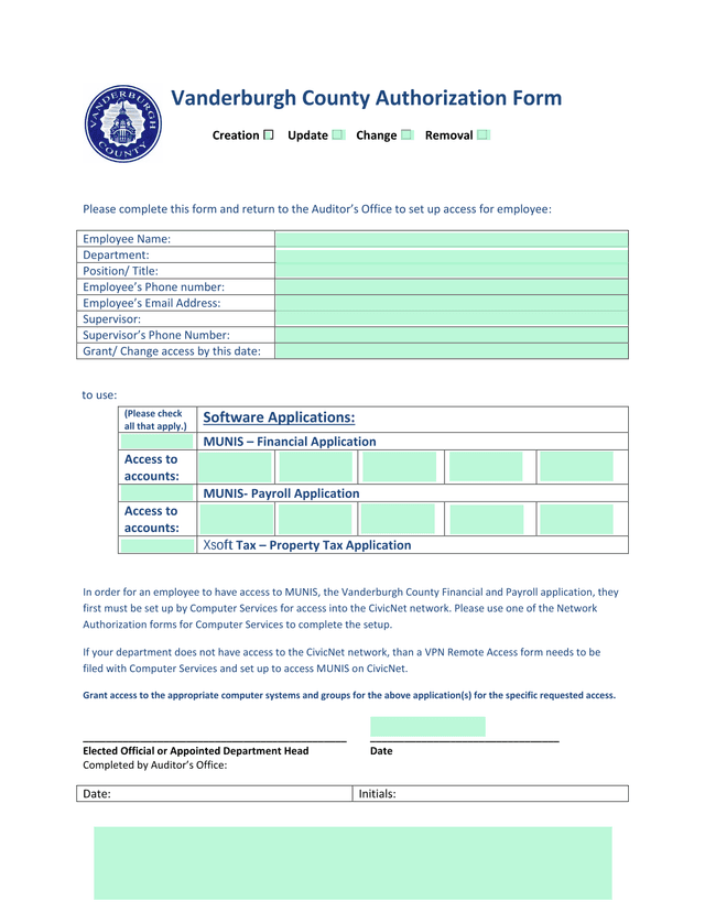 Vanderburgh County Authorization Form screenshot
