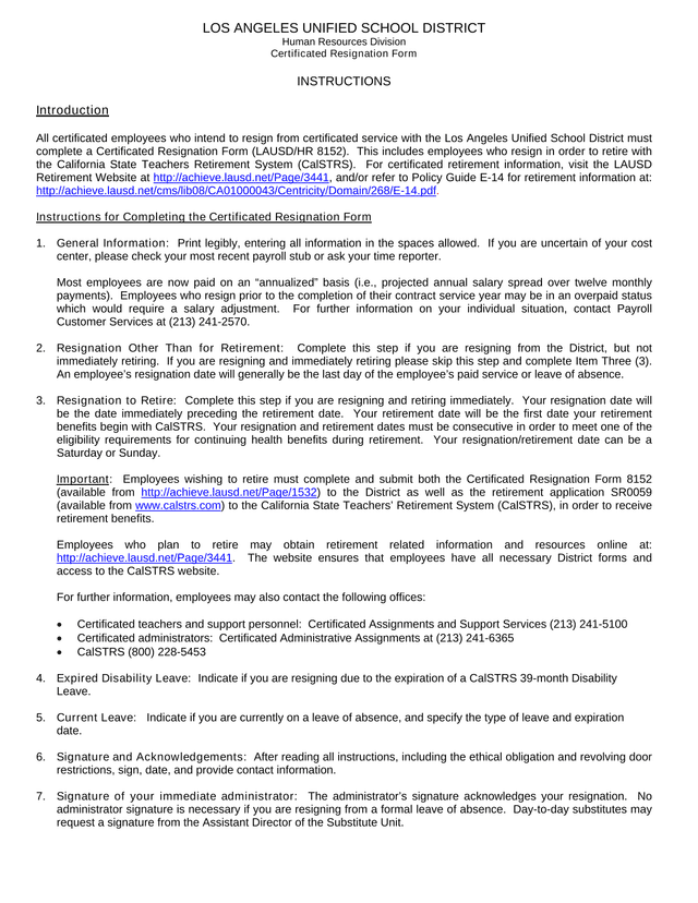 Certificated Resignation Form screenshot