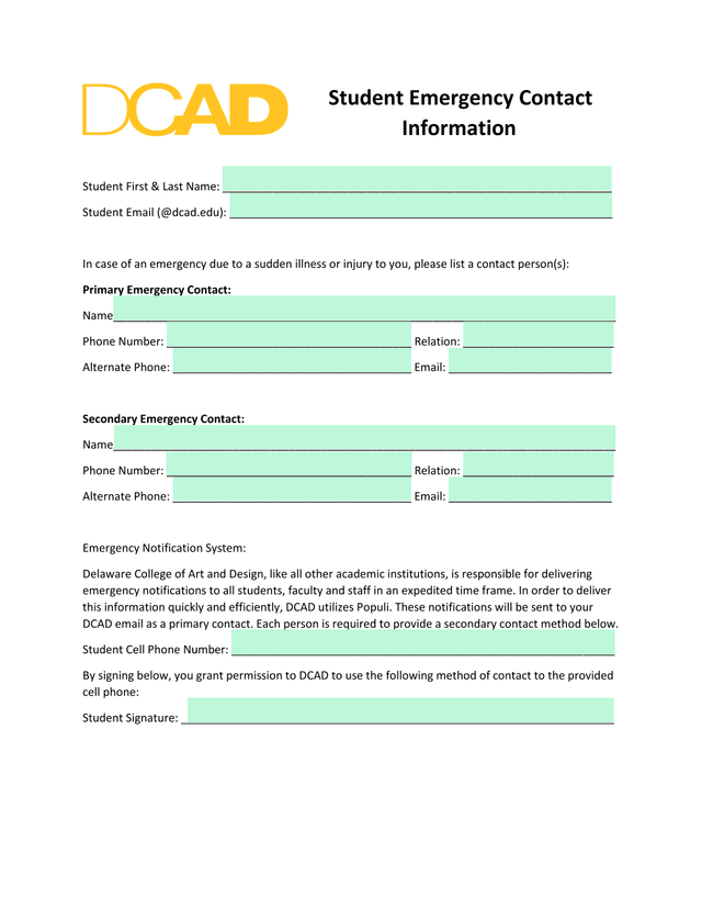 Student Emergency Contact Information screenshot