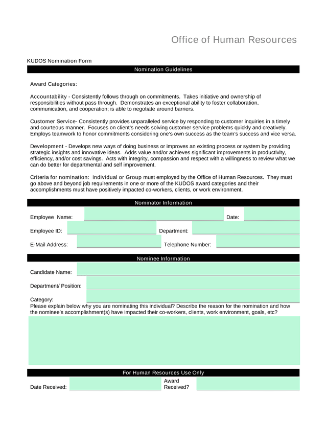 KUDOS Nomination Form screenshot