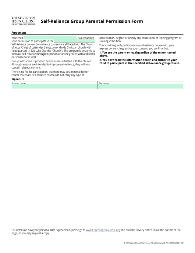 Self Reliance Group Parental Permission Form screenshot