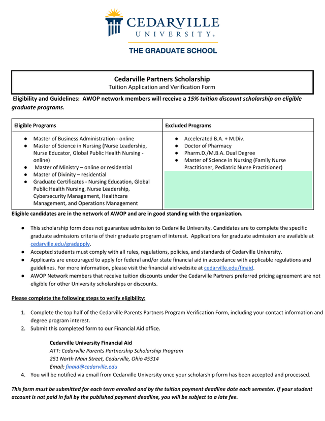 Cedarville Partners Scholarship Tuition Application And Verification Form screenshot