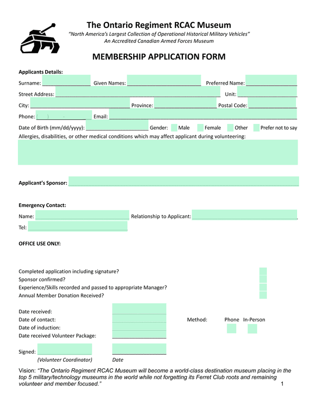 MEMBERSHIP APPLICATION FORM screenshot