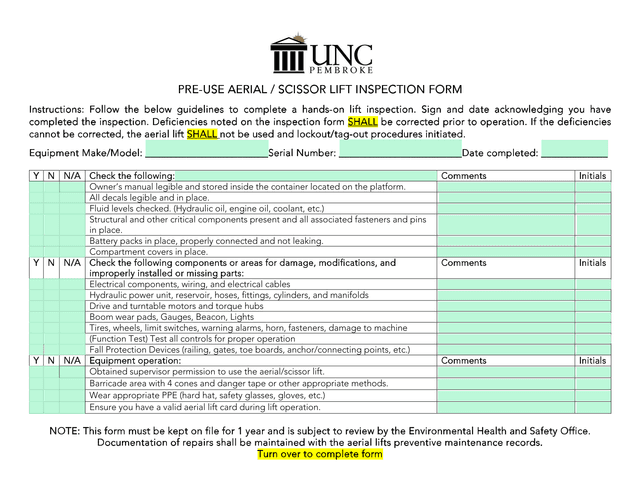 PRE USE AERIAL  SCISSOR LIFT INSPECTION FORM screenshot