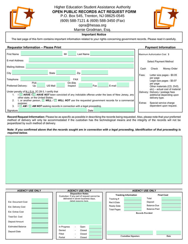 OPEN PUBLIC RECORDS ACT REQUEST FORM screenshot