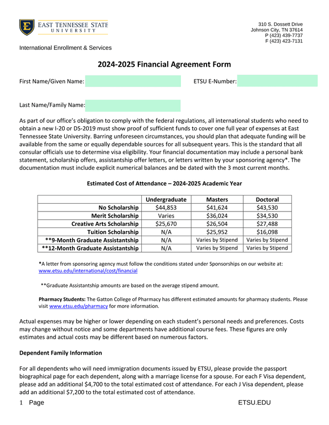 2024 2025 Financial Agreement Form screenshot
