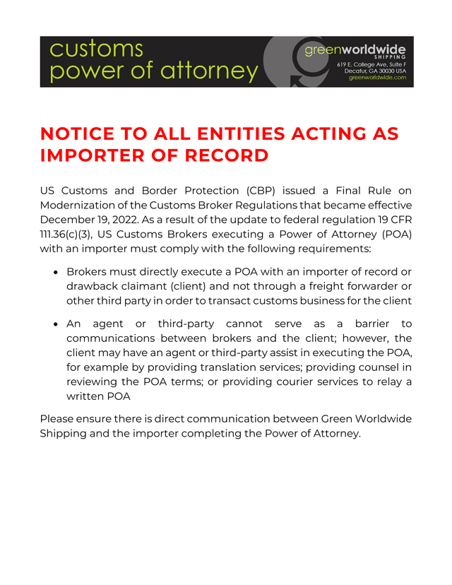 Notice To Importers Of Record   Power Of Attorney Requirements screenshot