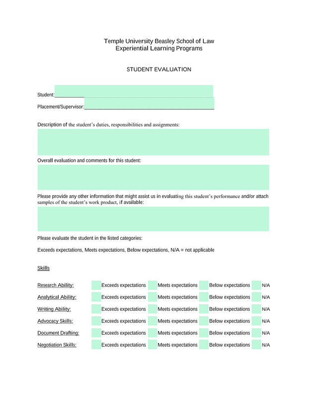 Temple University Beasley School Of Law Student Evaluation screenshot