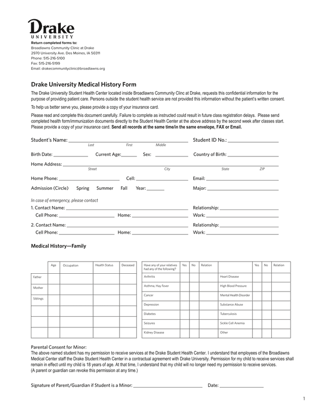 Drake University Medical History Form screenshot