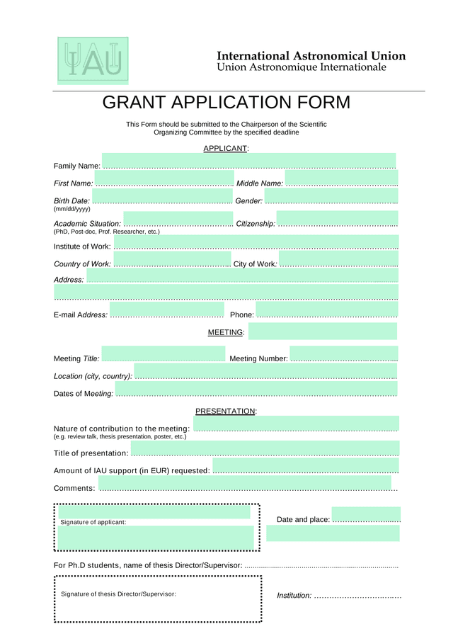 GRANT APPLICATION FORM screenshot