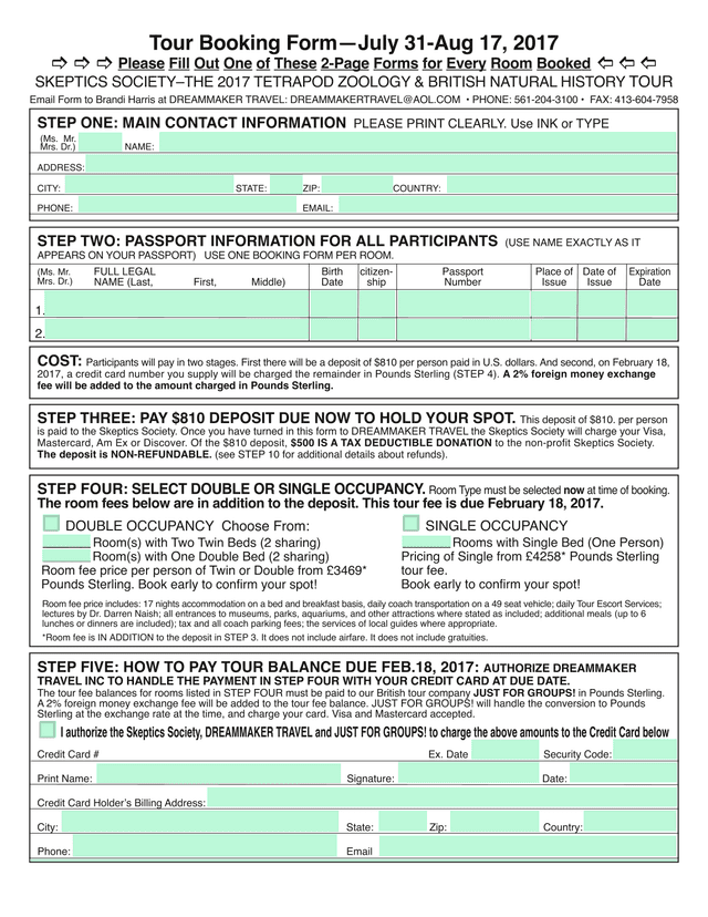 Skeptics SocietyThe 2017 Tetrapod Zoology  British Natural History Tour Booking Form screenshot