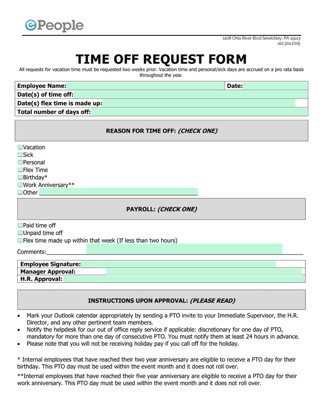 TIME OFF REQUEST FORM screenshot