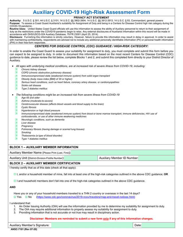 Auxiliary COVID 19 High Risk Assessment Form screenshot