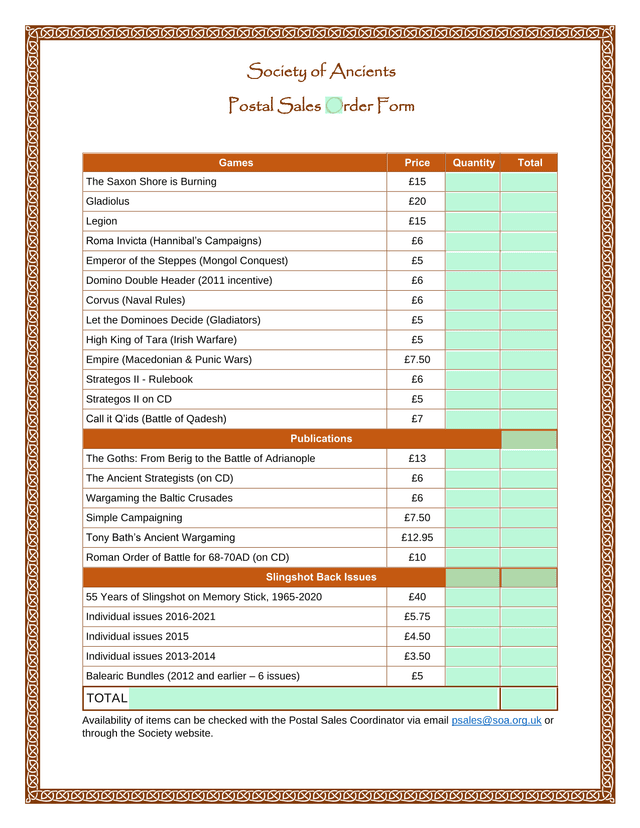Society Of Ancients Postal Sales Order Form screenshot