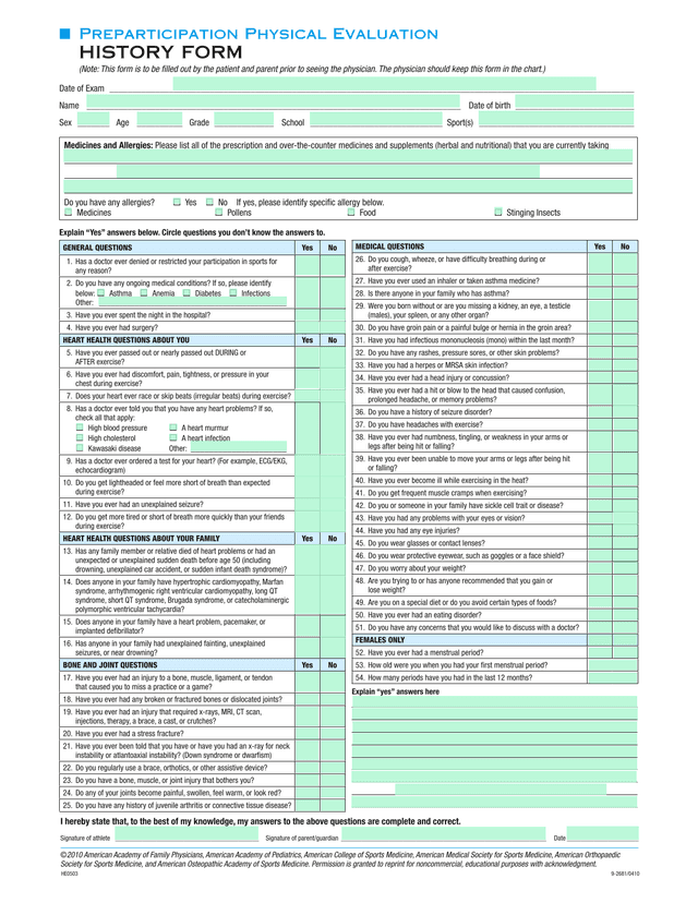 Preparticipation Physical Evaluation HISTORY FORM screenshot