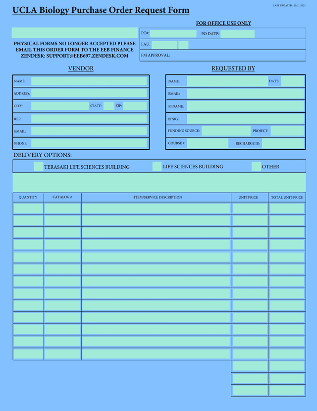 UCLA Biology Purchase Order Request Form screenshot