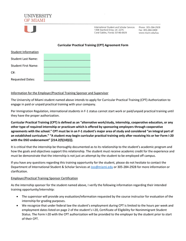 Curricular Practical Training (CPT) Agreement Form screenshot