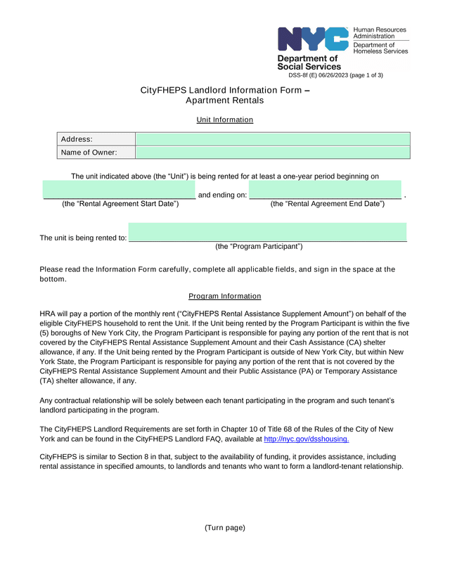 CityFHEPS Landlord Information Form  Apartment Rentals screenshot