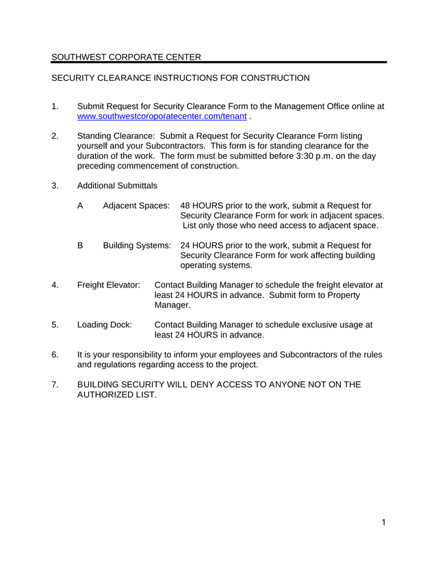 Security Clearance Instructions For Construction screenshot