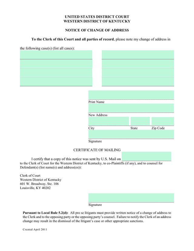 Notice Of Change Of Address screenshot