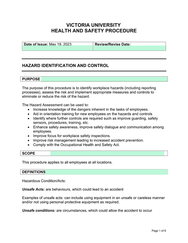 VICTORIA UNIVERSITY HEALTH AND SAFETY PROCEDURE screenshot