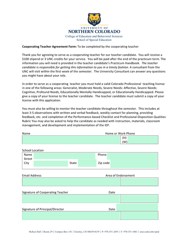 Cooperating Teacher Agreement Form screenshot