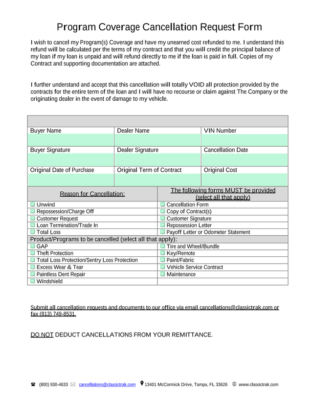 Program Coverage Cancellation Request Form screenshot