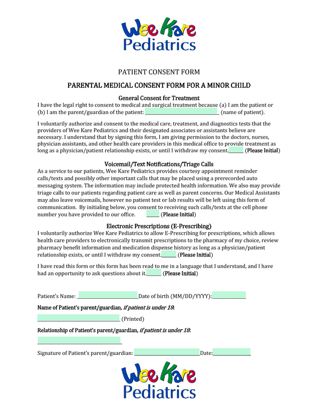 PARENTAL MEDICAL CONSENT FORM FOR A MINOR CHILD screenshot