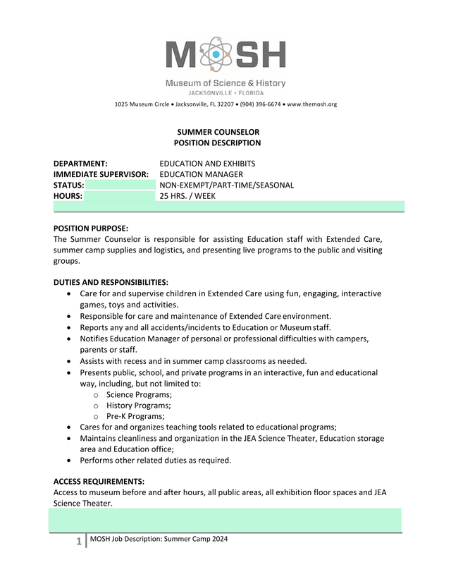 MOSH Summer Camp Counselor Position Description screenshot