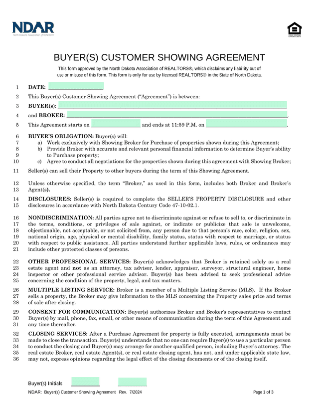 Buyer(S) Customer Showing Agreement screenshot