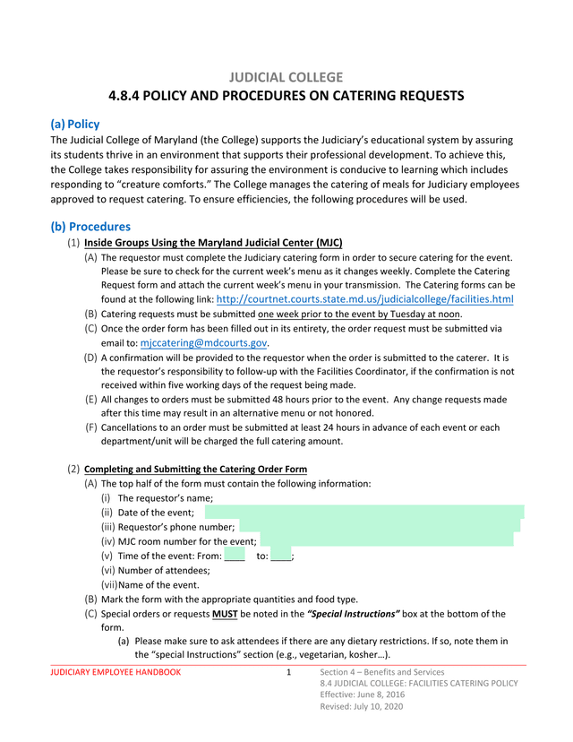 Judiciary Employee Handbook Judicial College Catering Policy screenshot