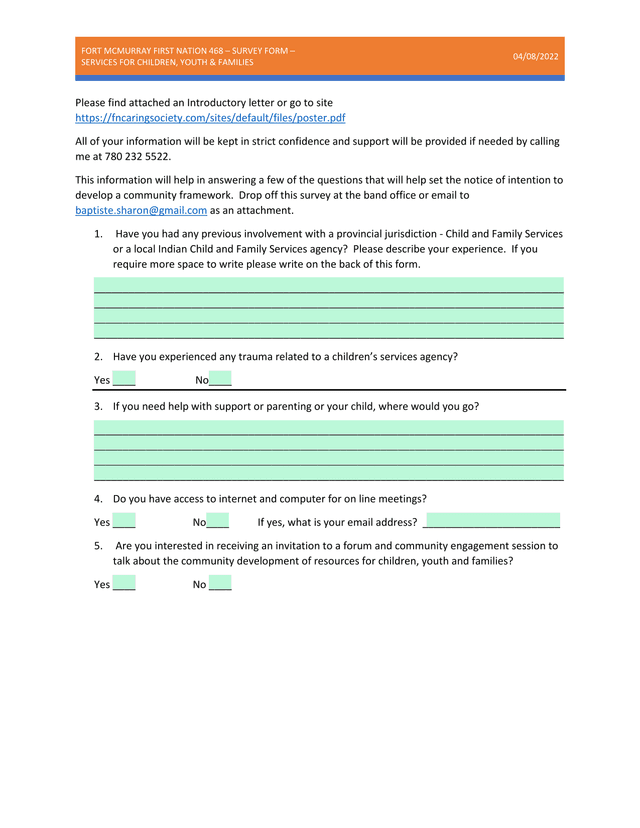 FORT MCMURRAY FIRST NATION 468  SURVEY FORM  SERVICES FOR CHILDREN, YOUTH  FAMILIES screenshot
