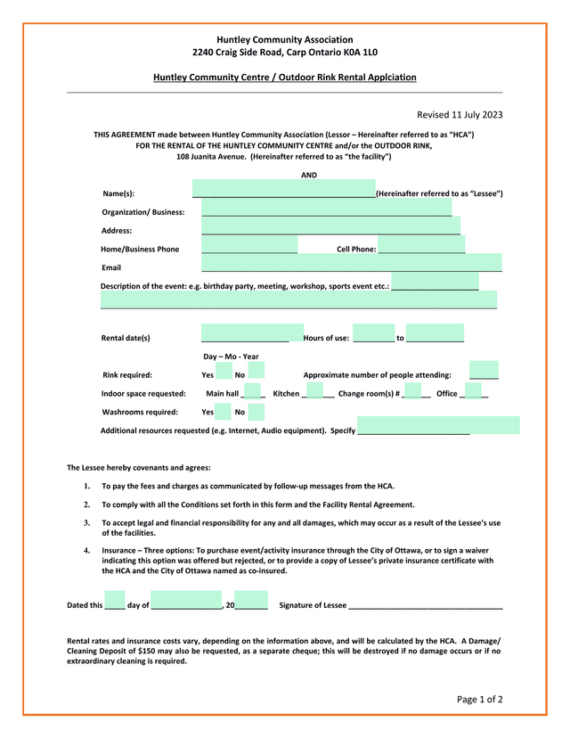Huntley Community Centre  Outdoor Rink Rental Application screenshot