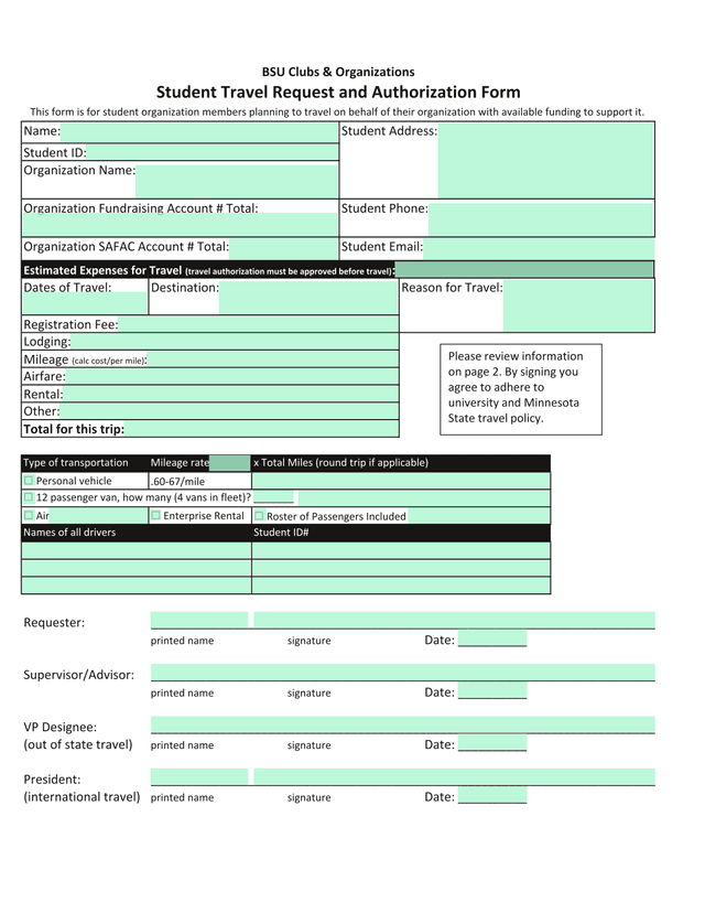 Student Travel Request And Authorization Form screenshot