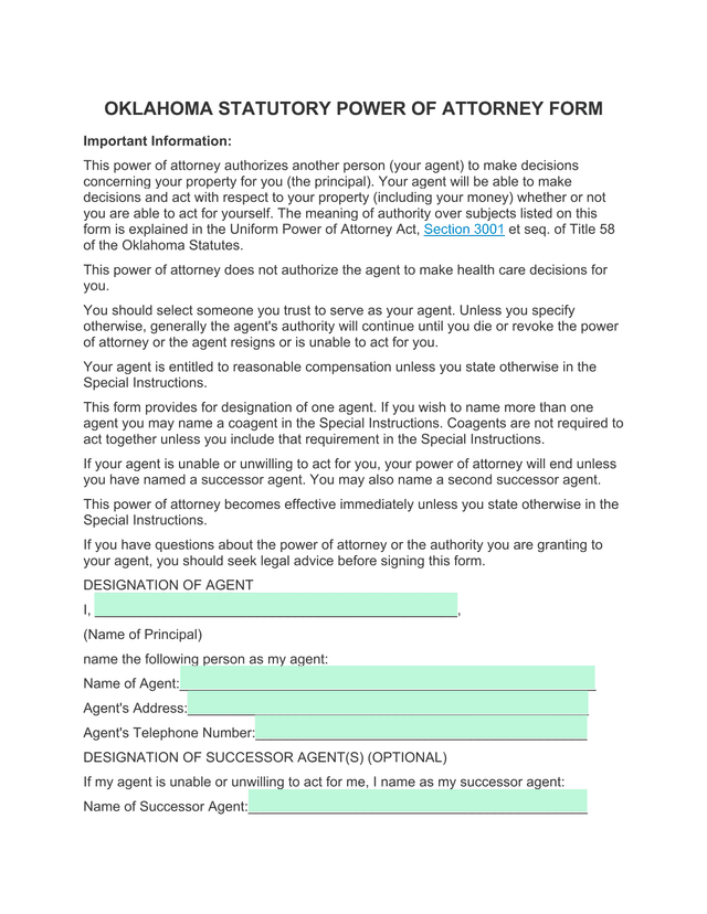 Oklahoma Statutory Power Of Attorney Form screenshot