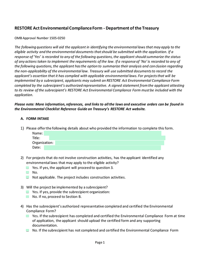 RESTORE Act Environmental Compliance Form screenshot