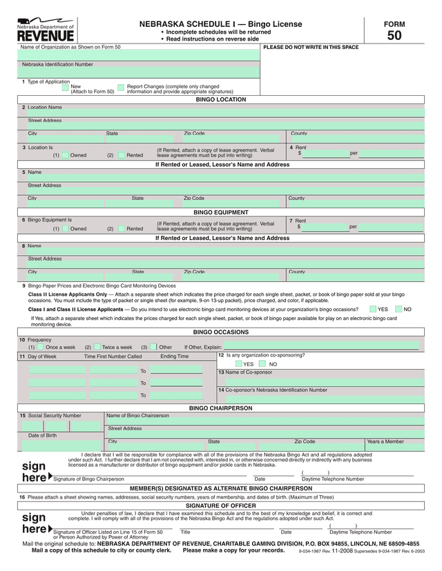 Nebraska Schedule I  Bingo License screenshot