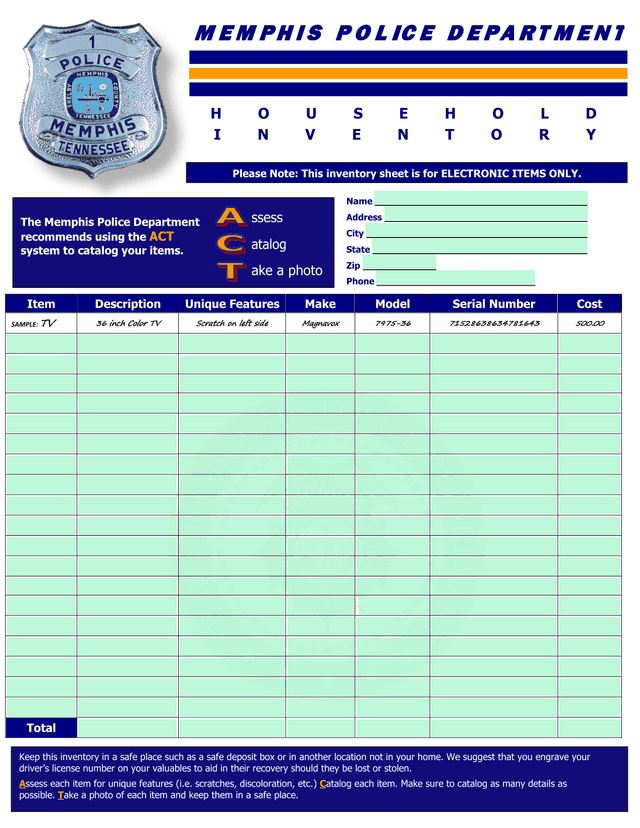 Memphis Police Department Household Inventory Form screenshot