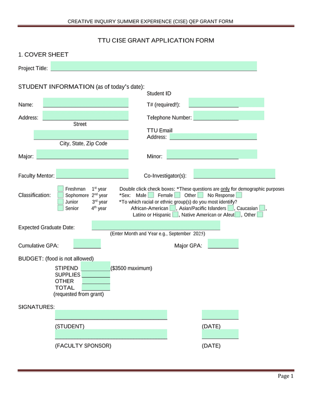 CREATIVE INQUIRY SUMMER EXPERIENCE (CISE) QEP GRANT FORM screenshot