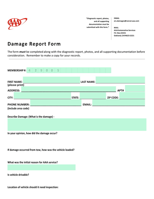 Damage Report Form screenshot